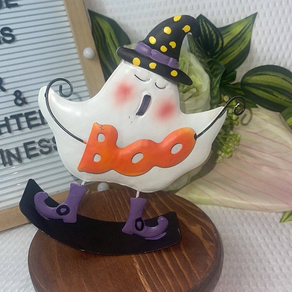 Halloween Ghost Figurine with Orange 'Boo' Sign